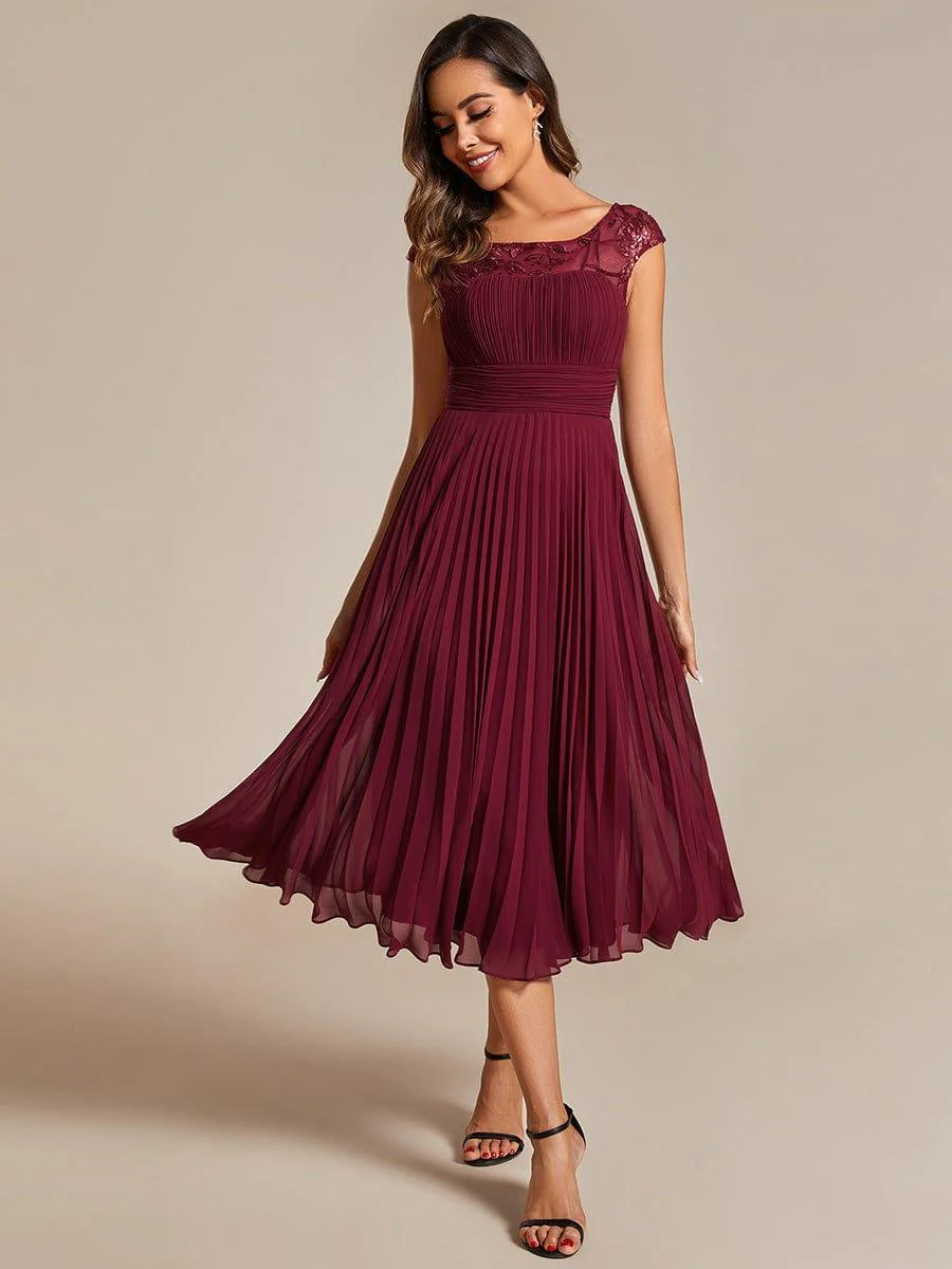 Cap Sleeves Chiffon A-Line Wedding Guest Dress with Pleats and Round Neckline - Image 5