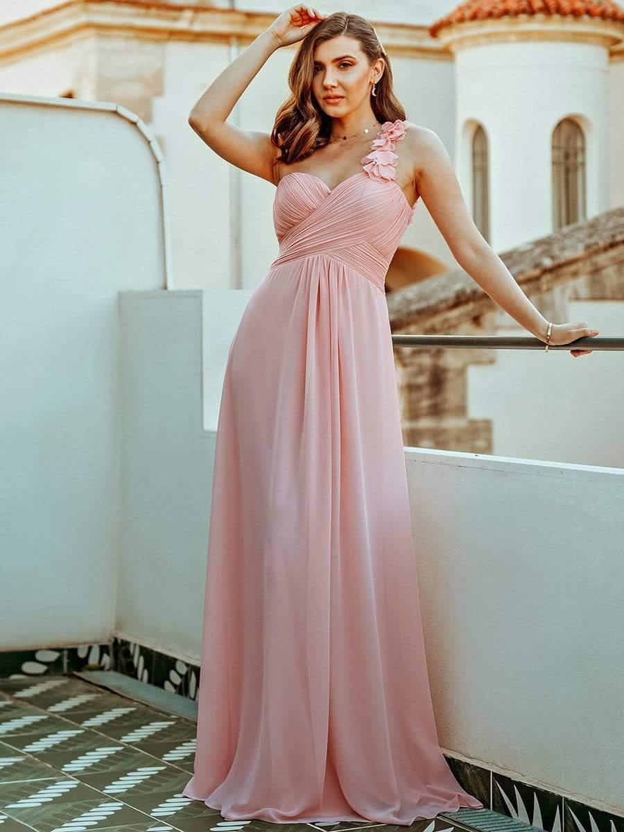 Chiffon One Shoulder Long Dress in Pink - Image 3