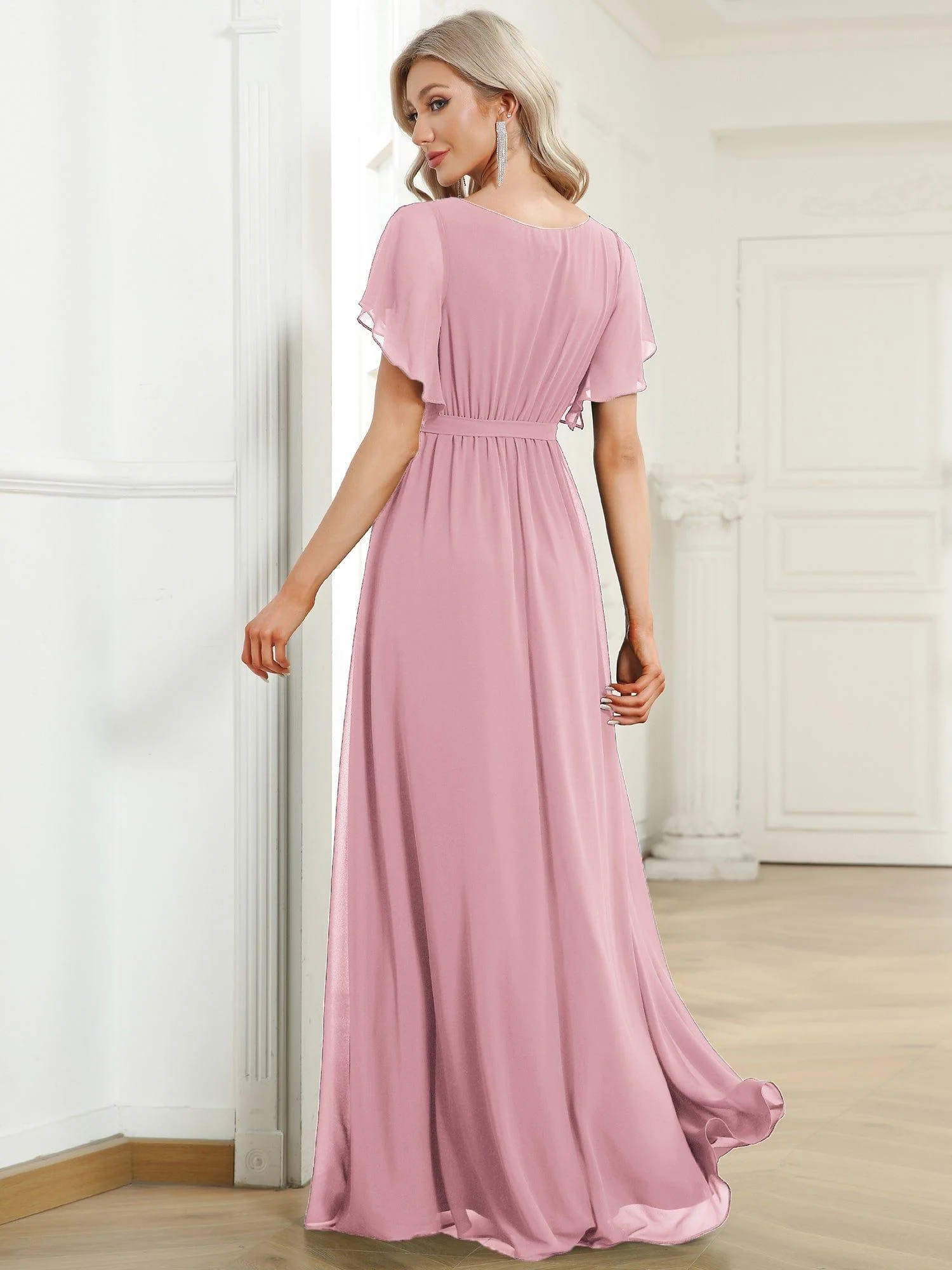 ever LEORA|V-Neck Flutter Sleeve Floor-Length A-Line Chiffon Evening Dress - Image 99