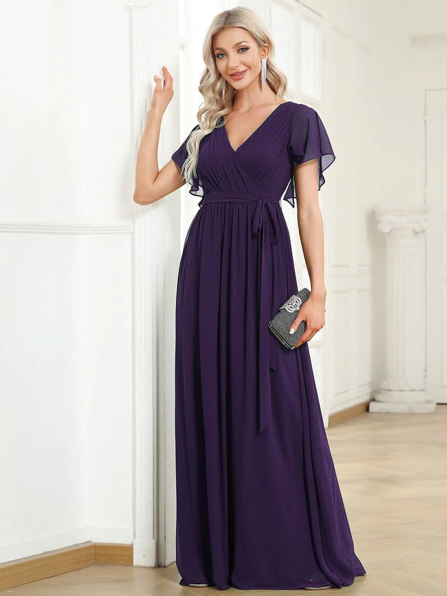 ever LEORA|V-Neck Flutter Sleeve Floor-Length A-Line Chiffon Evening Dress - Image 44