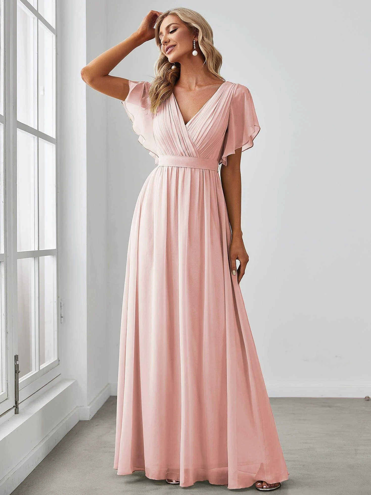 ever LEORA|V-Neck Flutter Sleeve Floor-Length A-Line Chiffon Evening Dress - Image 62