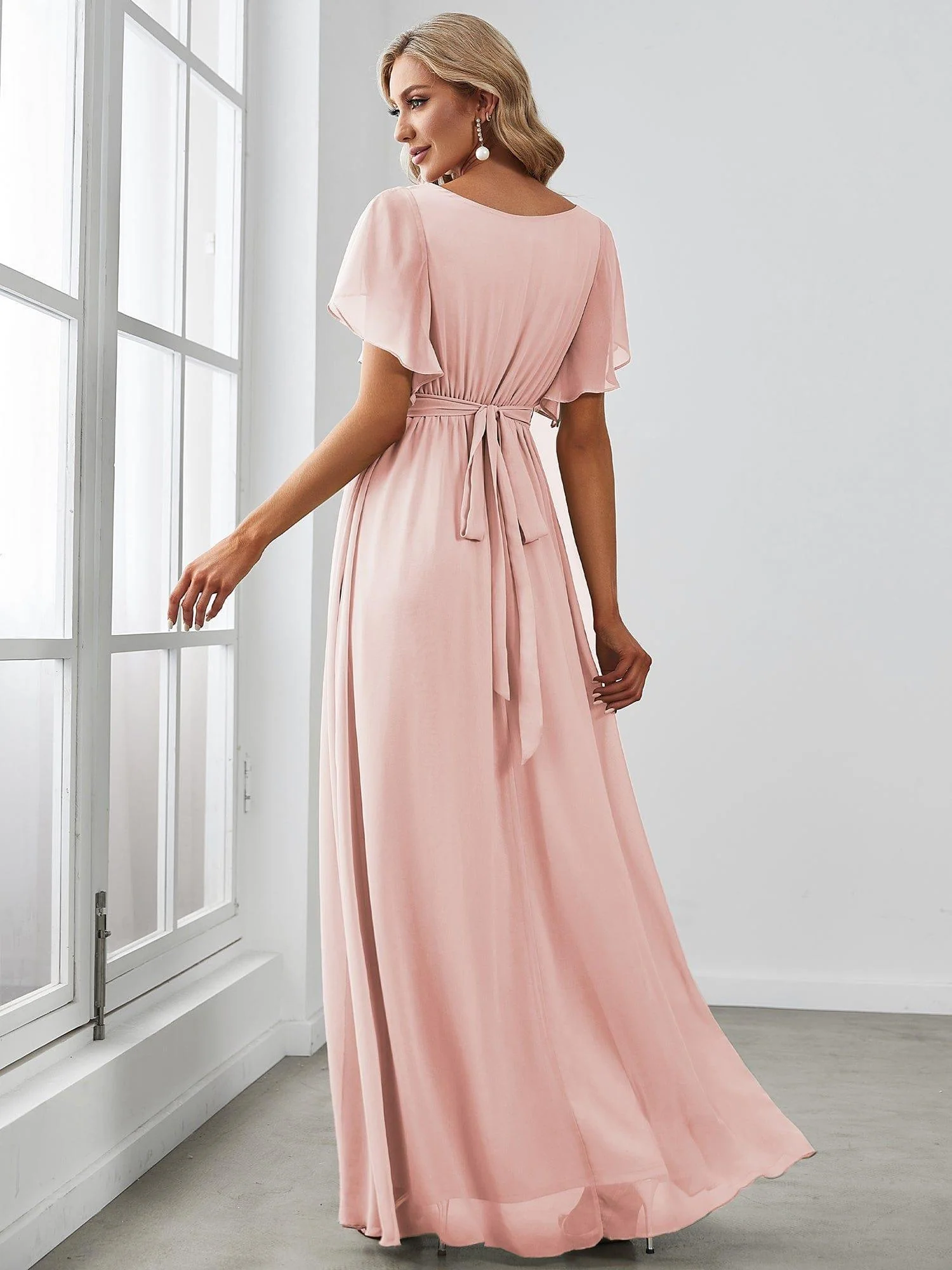 ever LEORA|V-Neck Flutter Sleeve Floor-Length A-Line Chiffon Evening Dress - Image 63