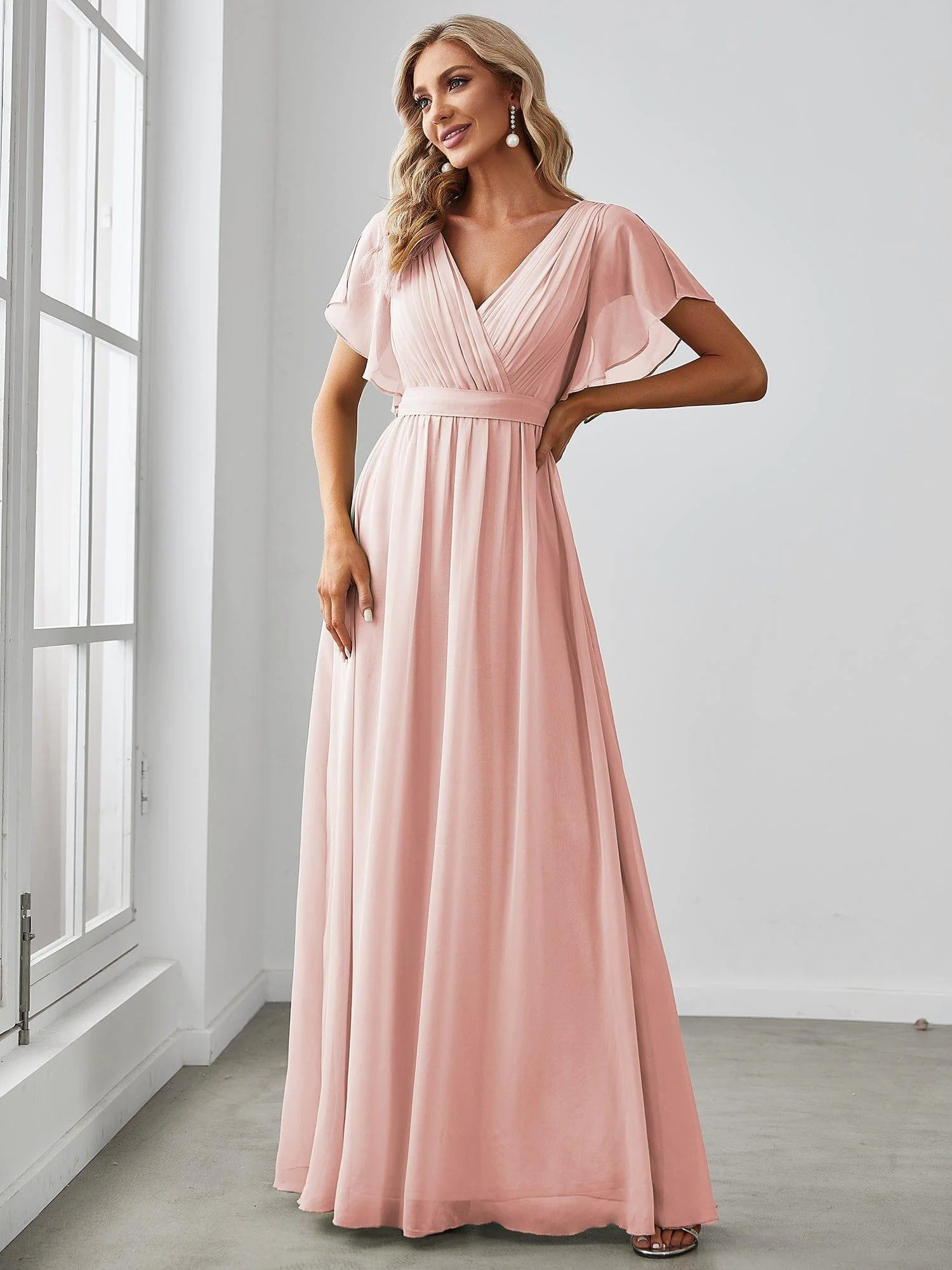 ever LEORA|V-Neck Flutter Sleeve Floor-Length A-Line Chiffon Evening Dress - Image 64