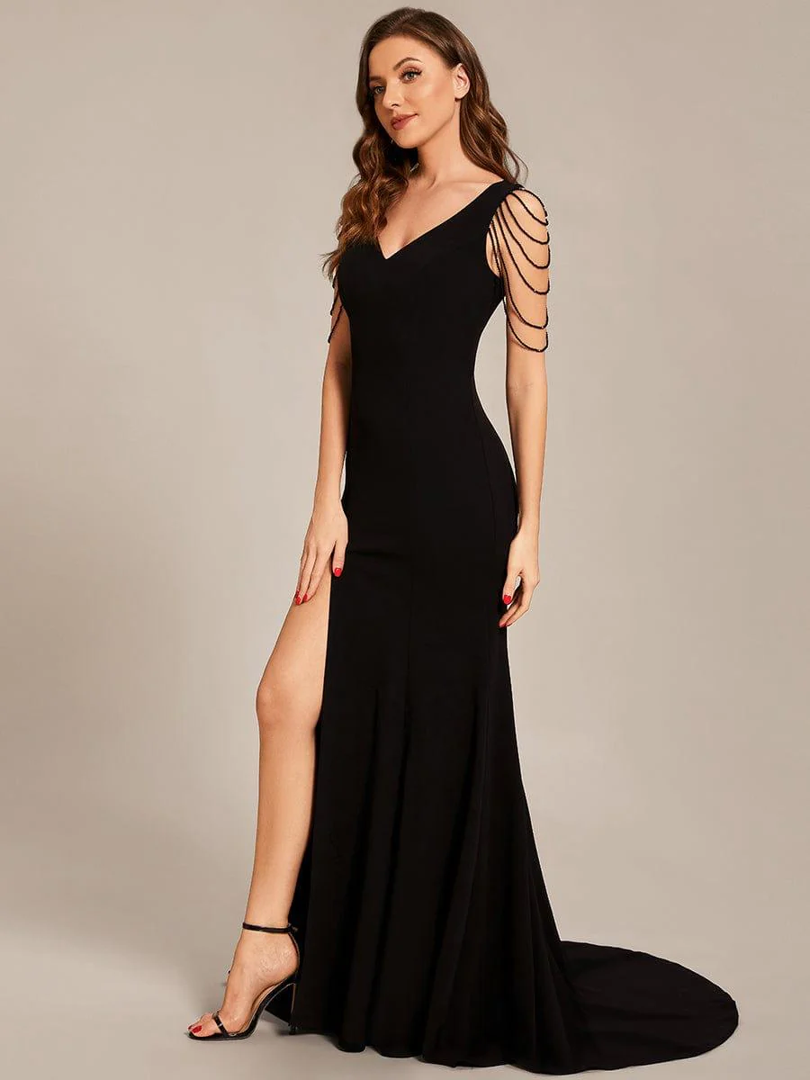 V Neck Stretch Crepe High Front Slit Bodycon Prom Dress - Image 4