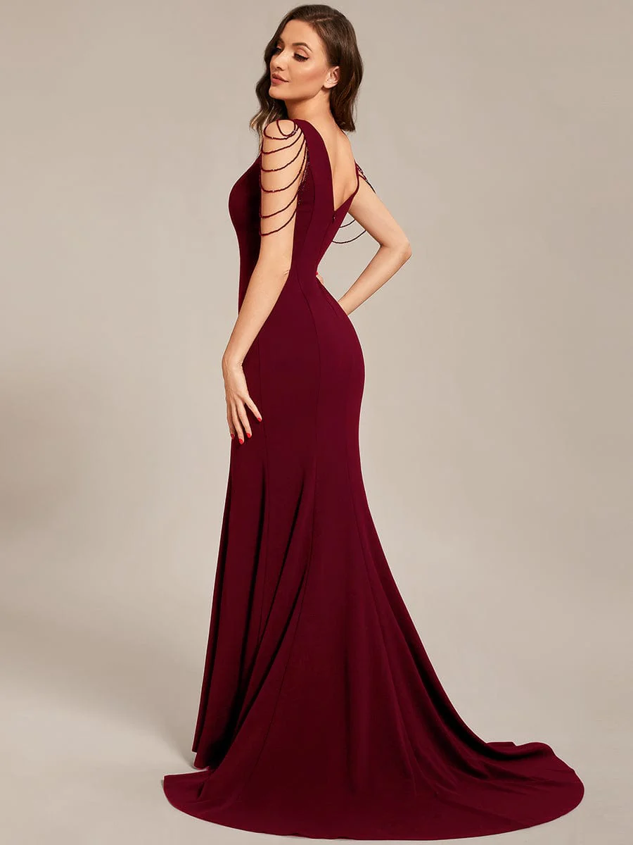 V Neck Stretch Crepe High Front Slit Bodycon Prom Dress - Image 7