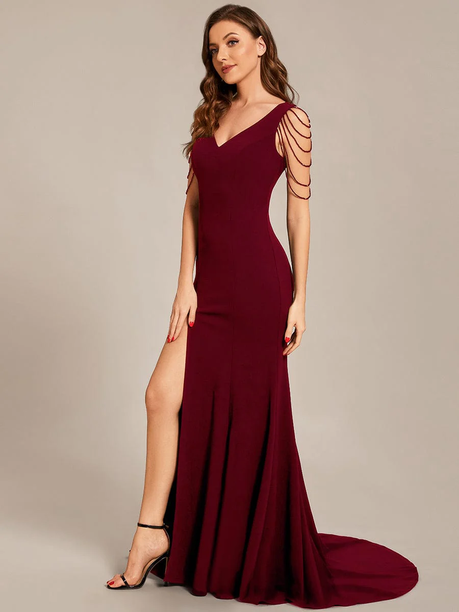 V Neck Stretch Crepe High Front Slit Bodycon Prom Dress - Image 9