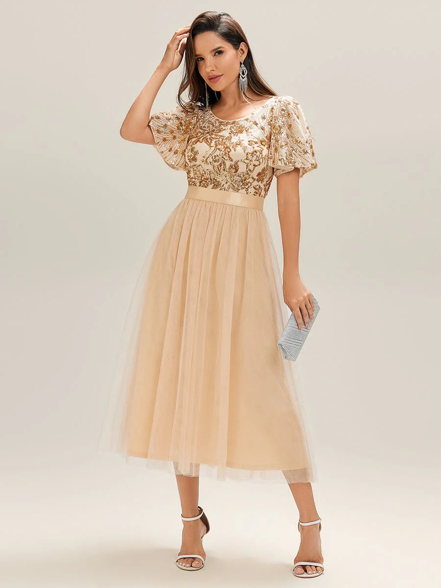 Round Neck Sequin Tulle Midi Evening Dress - Image 10