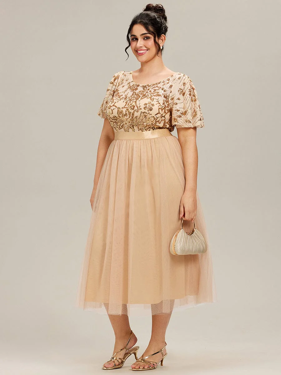 Round Neck Sequin Tulle Midi Evening Dress - Image 11