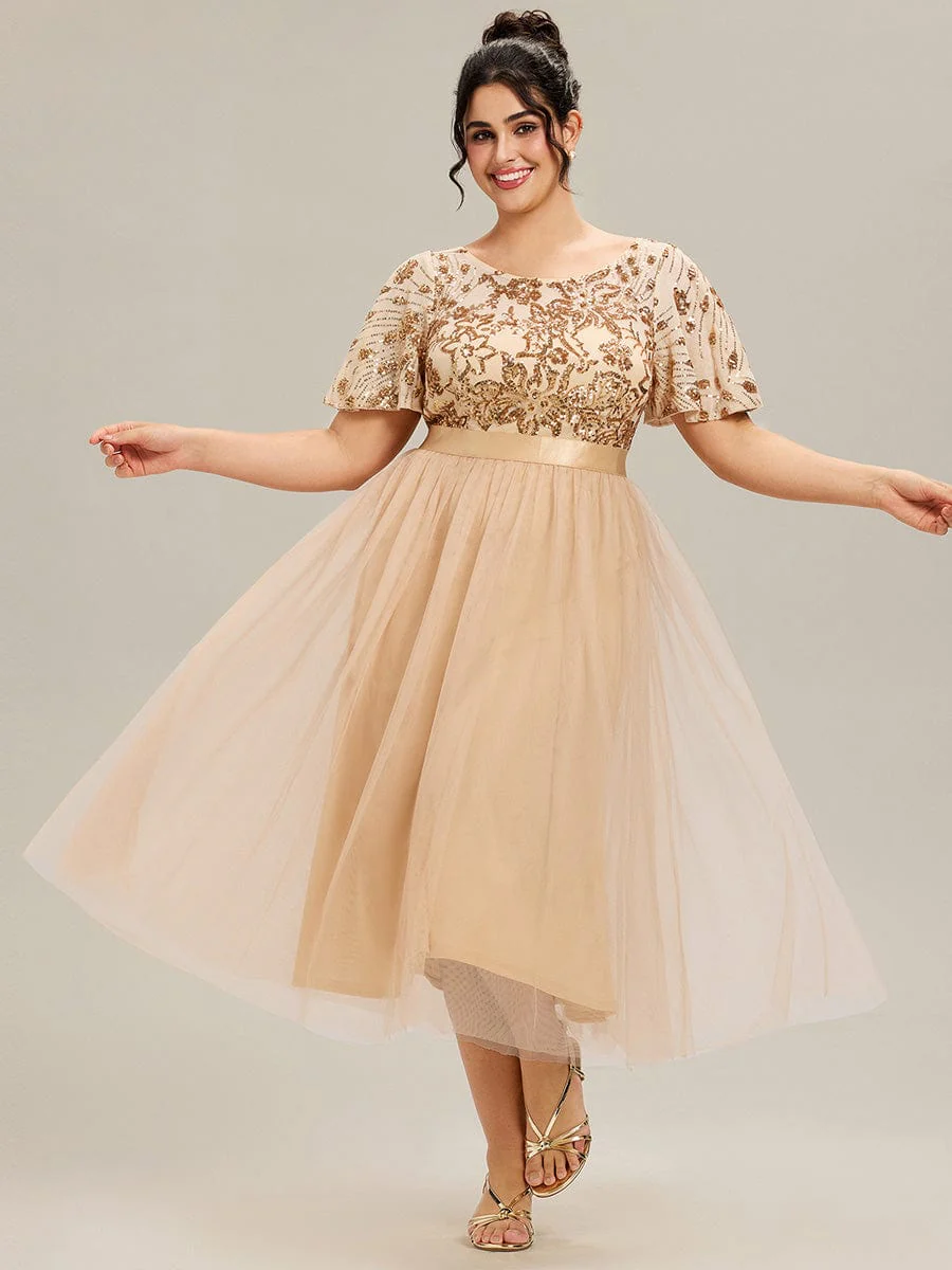 Round Neck Sequin Tulle Midi Evening Dress - Image 14