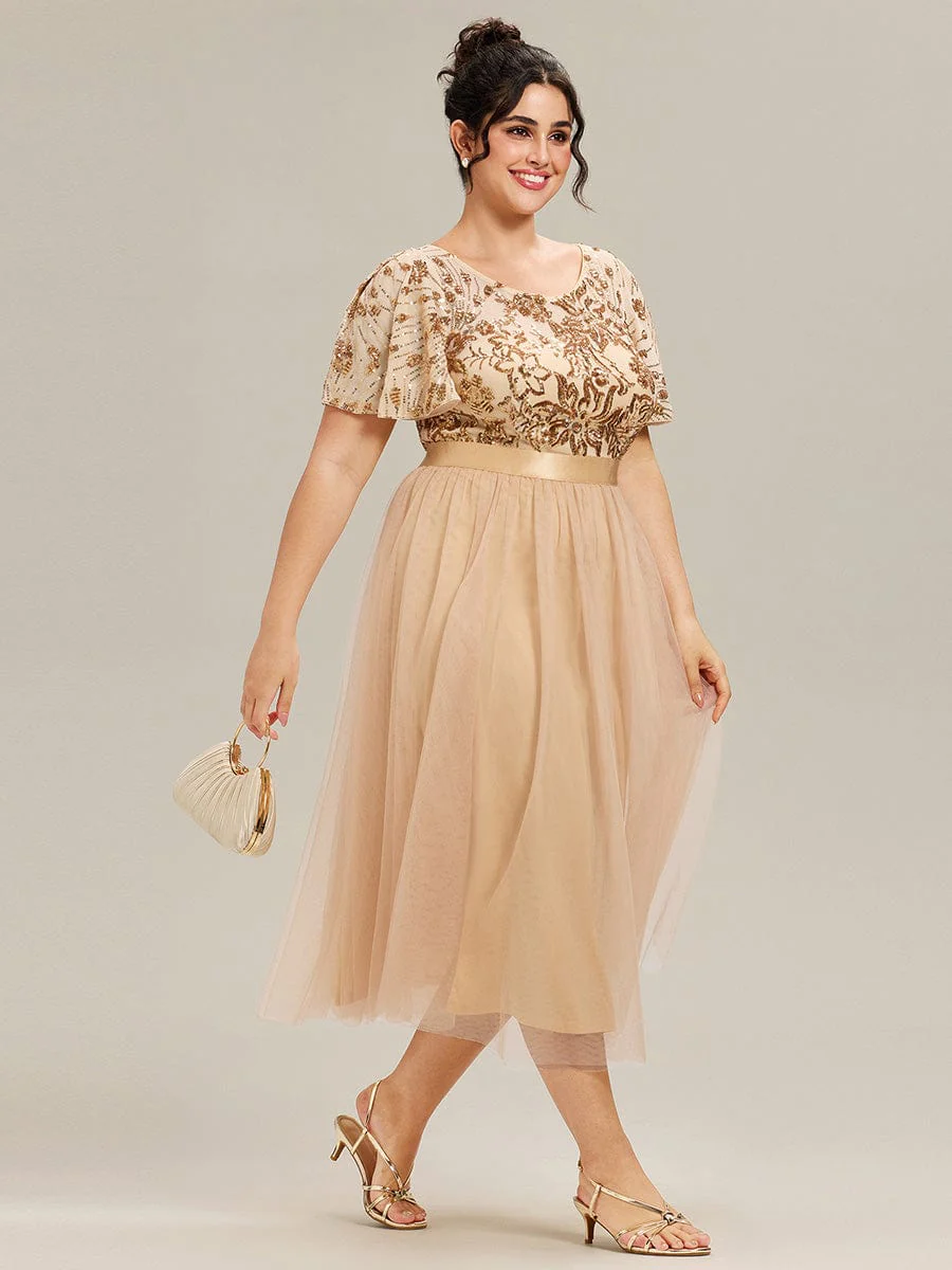 Round Neck Sequin Tulle Midi Evening Dress - Image 15