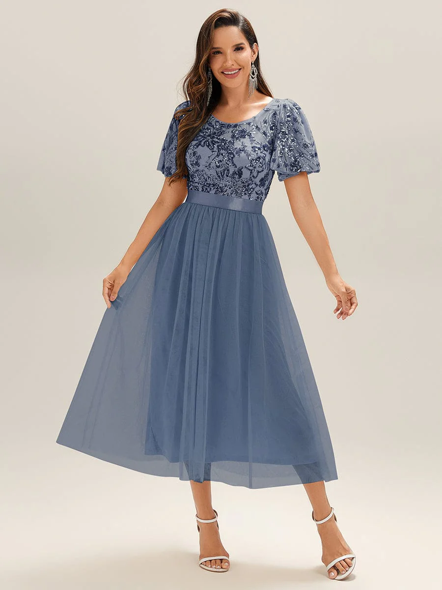 Round Neck Sequin Tulle Midi Evening Dress - Image 3