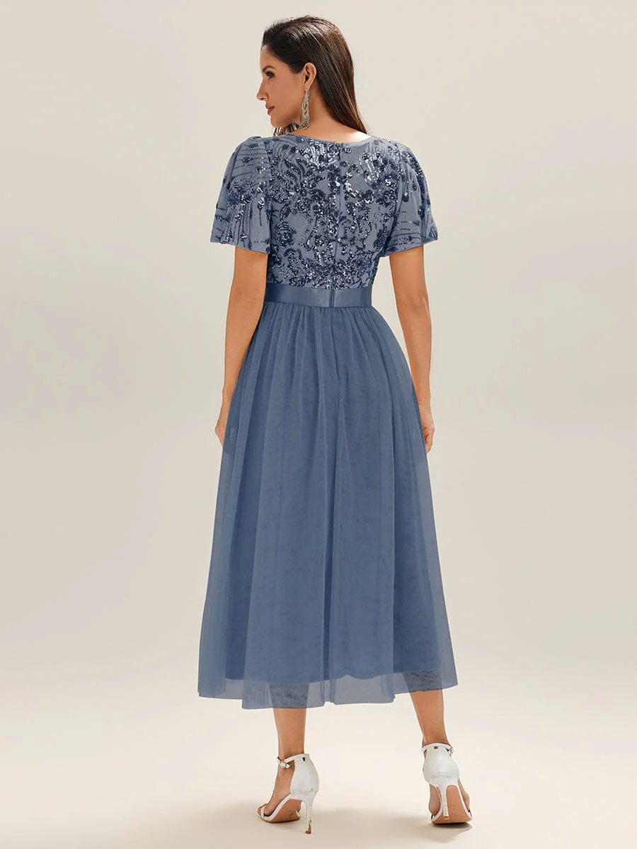 Round Neck Sequin Tulle Midi Evening Dress - Image 4