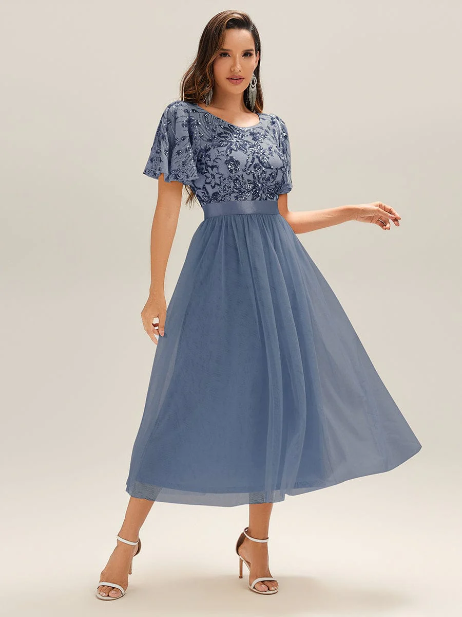 Round Neck Sequin Tulle Midi Evening Dress - Image 6