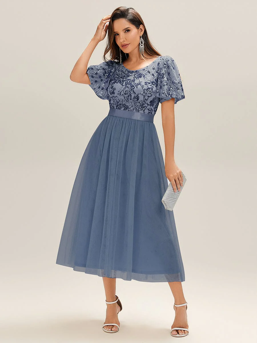 Round Neck Sequin Tulle Midi Evening Dress - Image 7