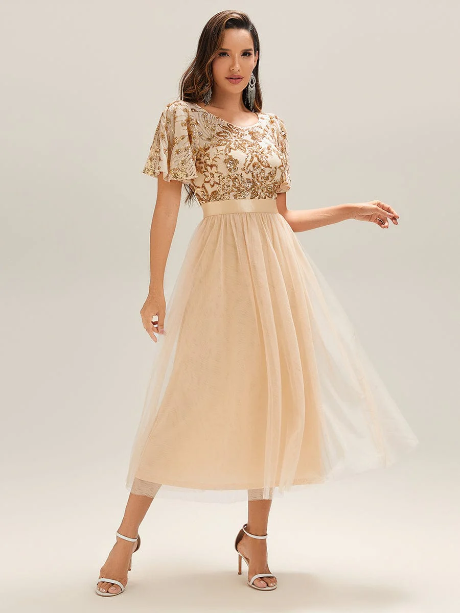 Round Neck Sequin Tulle Midi Evening Dress - Image 9