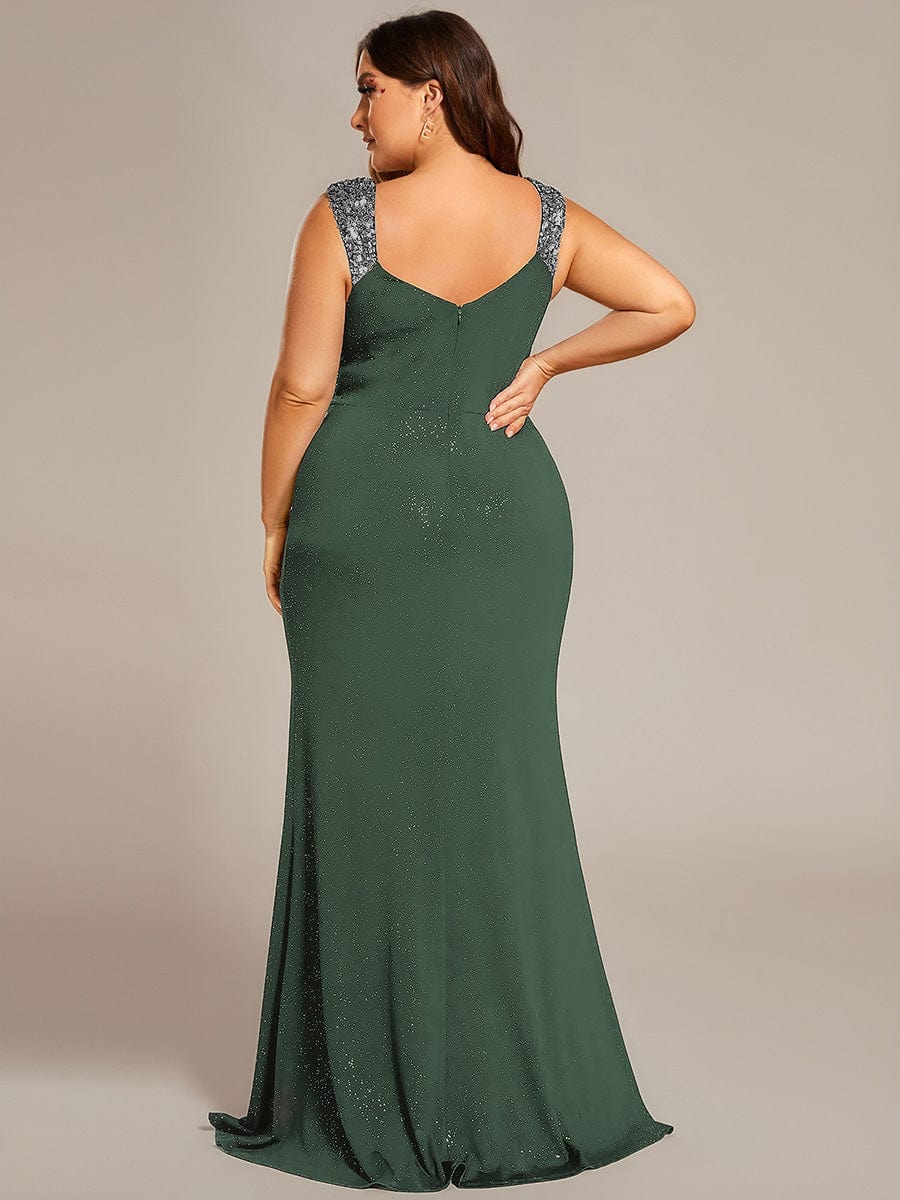 pretty NOIRE|Elegant V Neck High Slit Plus Size Sequin Evening Dress - Image 48