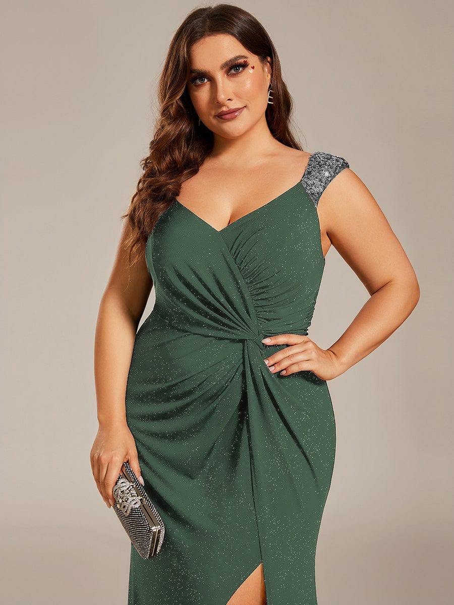 pretty NOIRE|Elegant V Neck High Slit Plus Size Sequin Evening Dress - Image 49