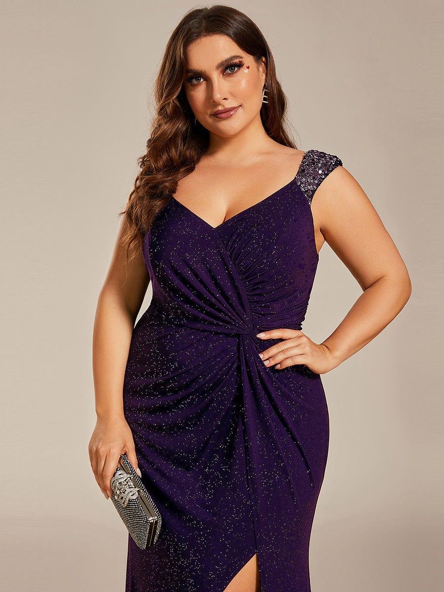 pretty NOIRE|Elegant V Neck High Slit Plus Size Sequin Evening Dress - Image 11