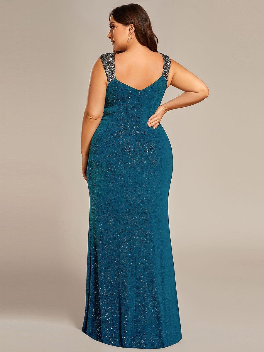 pretty NOIRE|Elegant V Neck High Slit Plus Size Sequin Evening Dress - Image 21