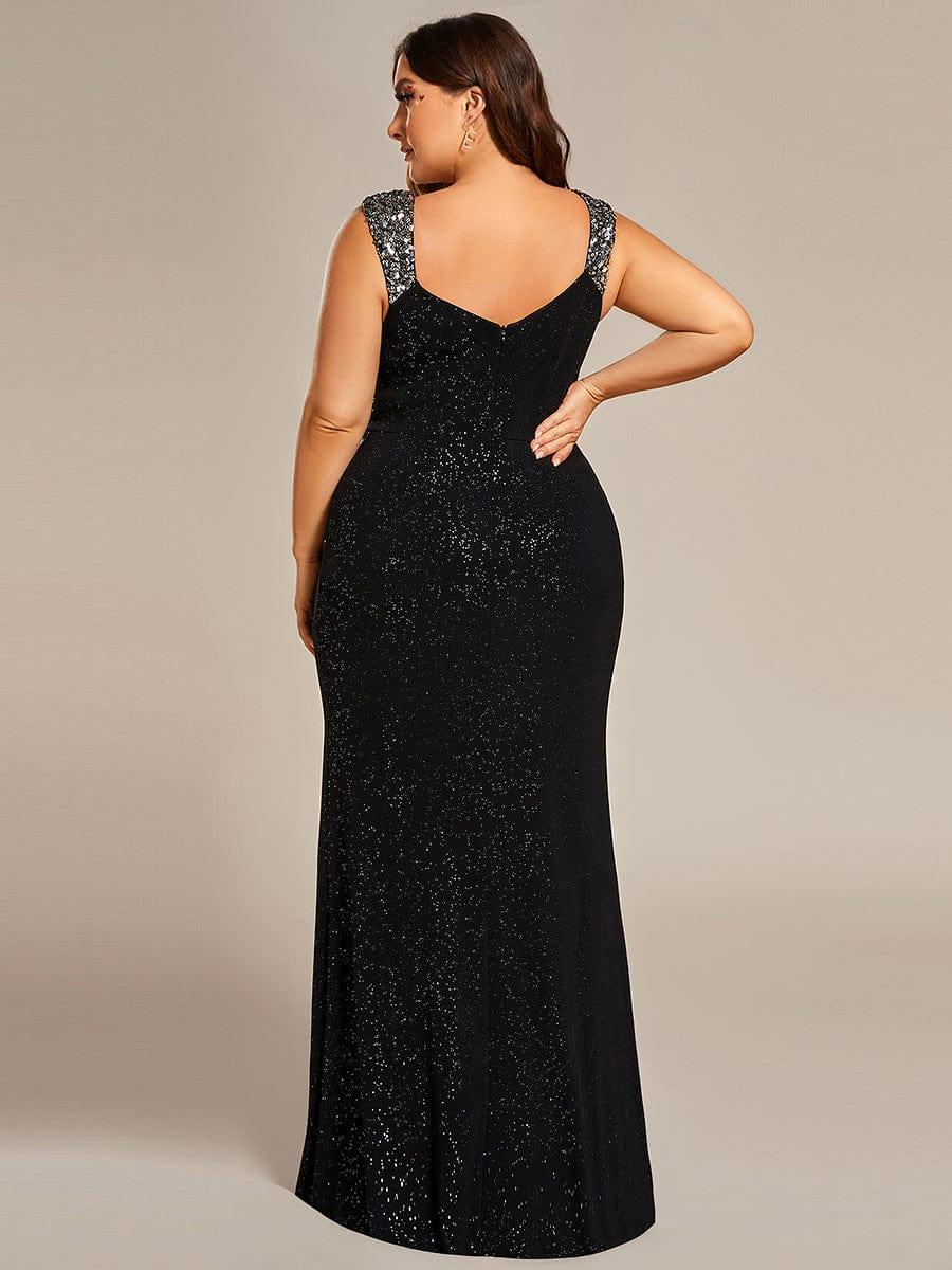 pretty NOIRE|Elegant V Neck High Slit Plus Size Sequin Evening Dress - Image 23