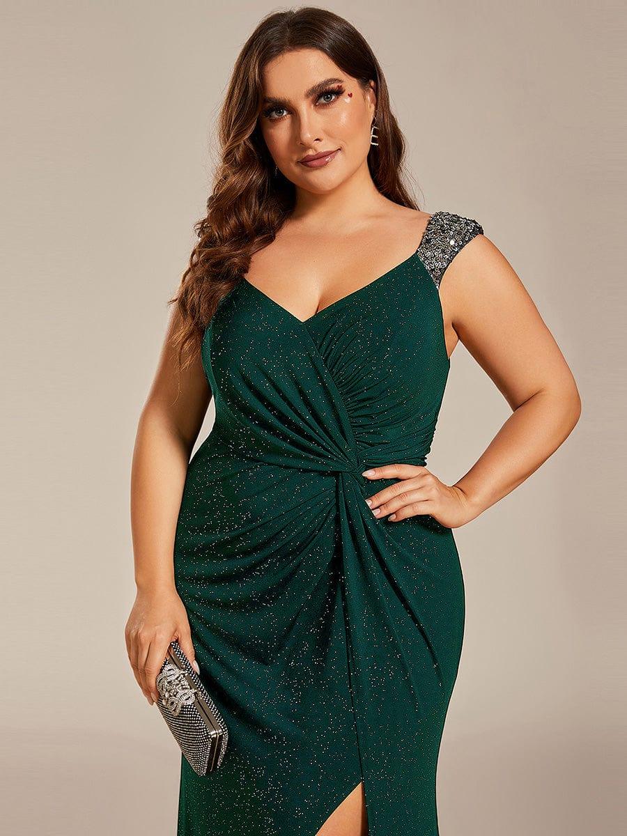 pretty NOIRE|Elegant V Neck High Slit Plus Size Sequin Evening Dress - Image 27