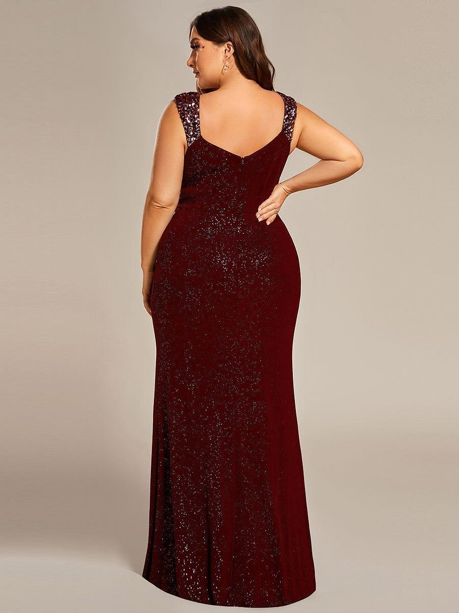 pretty NOIRE|Elegant V Neck High Slit Plus Size Sequin Evening Dress - Image 42