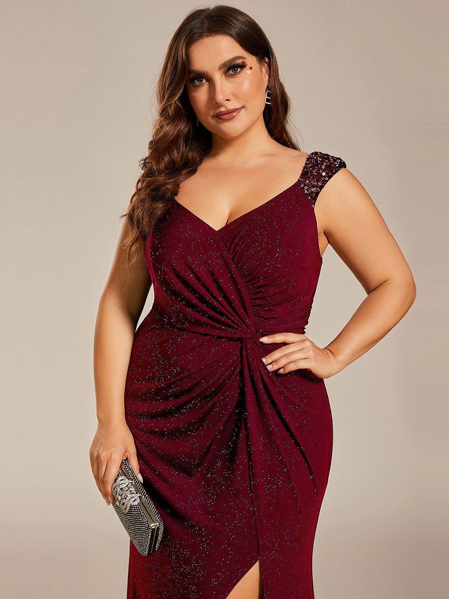 pretty NOIRE|Elegant V Neck High Slit Plus Size Sequin Evening Dress - Image 43
