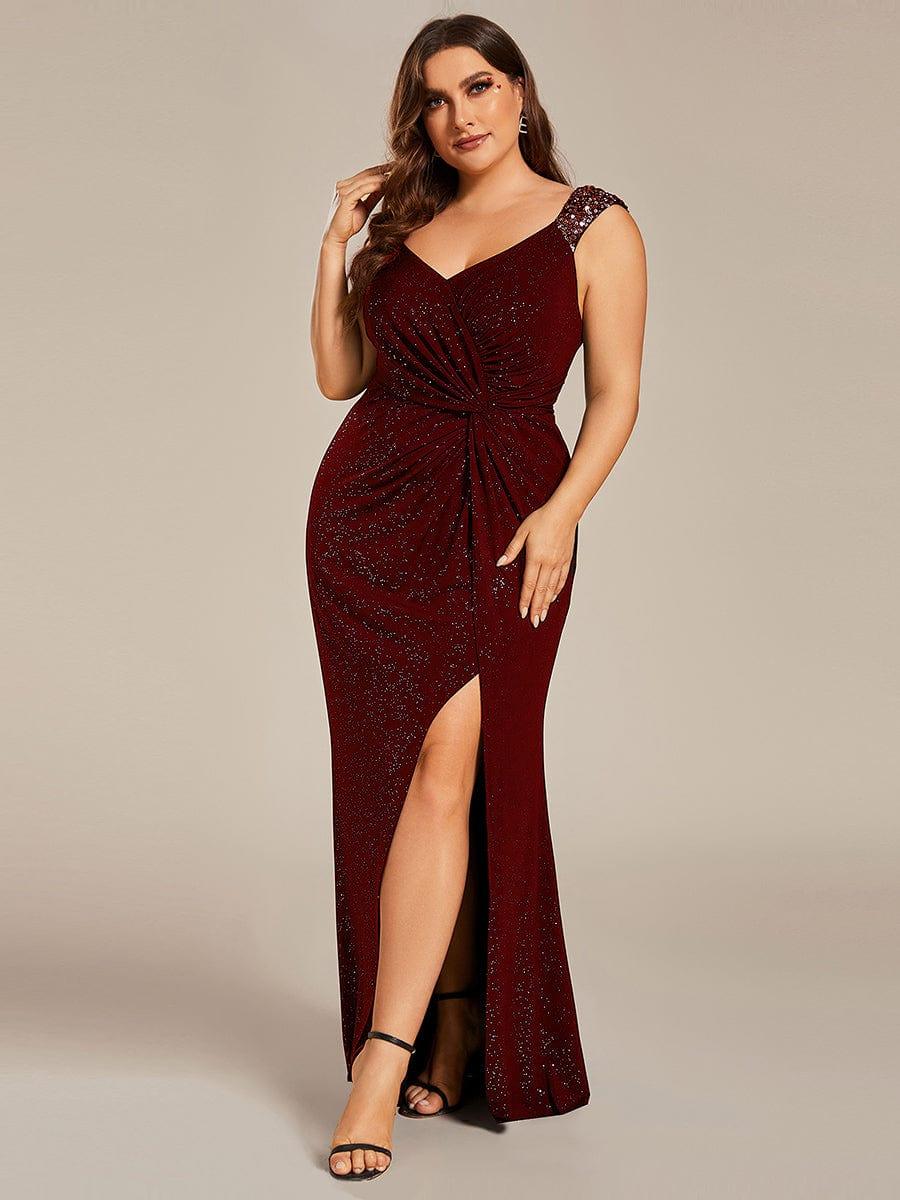 pretty NOIRE|Elegant V Neck High Slit Plus Size Sequin Evening Dress - Image 45