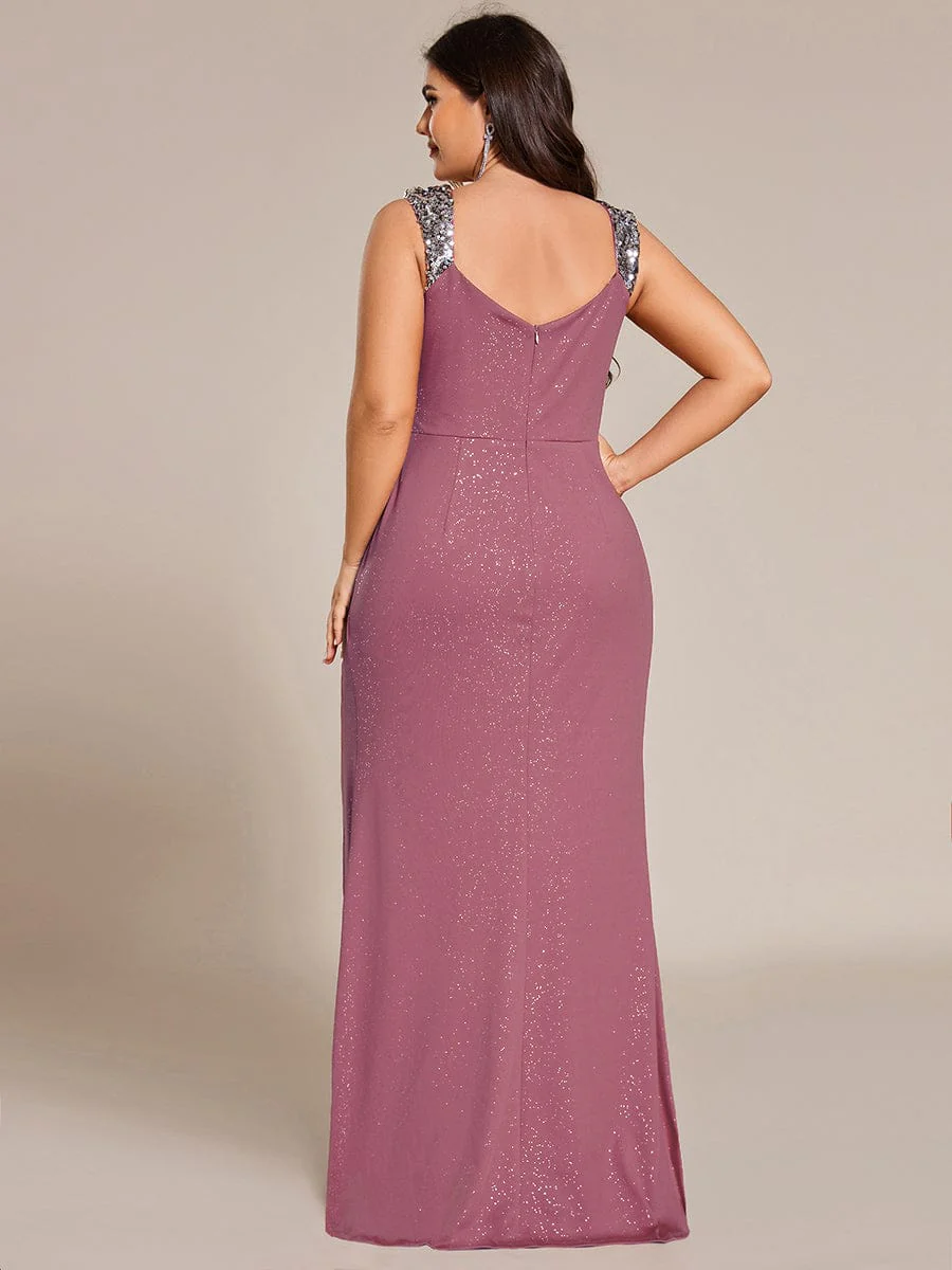pretty NOIRE|Elegant V Neck High Slit Plus Size Sequin Evening Dress - Image 58