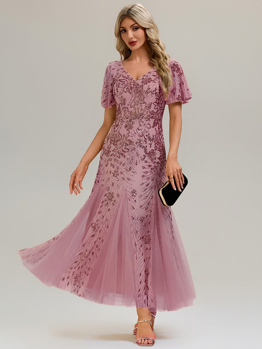 ever ANNIKA|Embroidered Sequin Ruffle Sleeve Evening Dress - Image 4