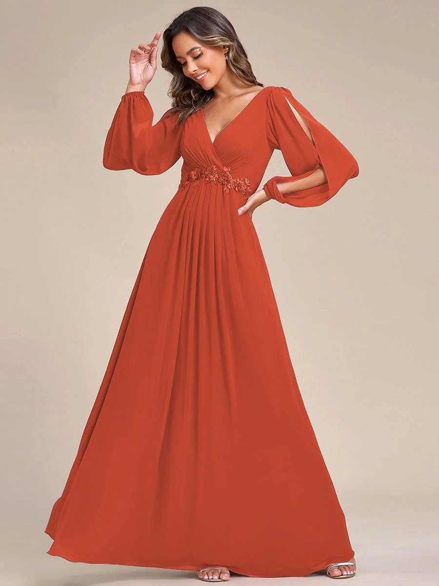 ever AMOUR|Deep V Neck Long Wedding Guest Dress with Long Sleeves - Image 105
