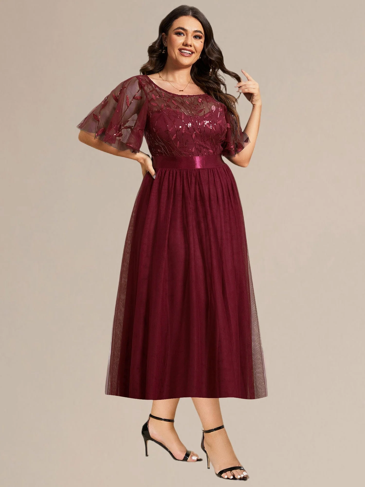 ever TAYLOR|Designer Sequin Leaf Midi Wedding Guest Dress - Image 17