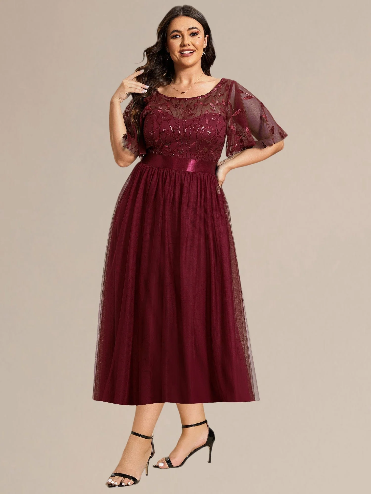 ever TAYLOR|Designer Sequin Leaf Midi Wedding Guest Dress - Image 18