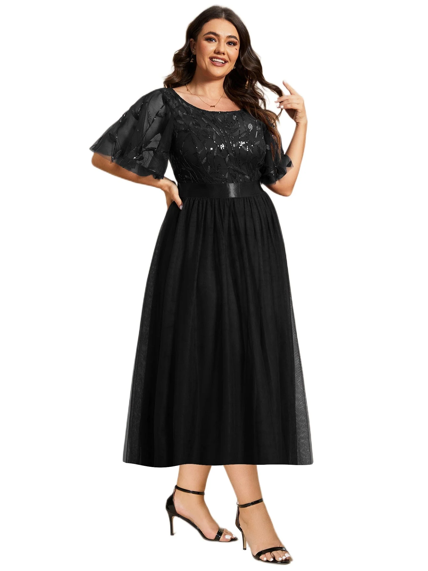 ever TAYLOR|Designer Sequin Leaf Midi Wedding Guest Dress - Image 24