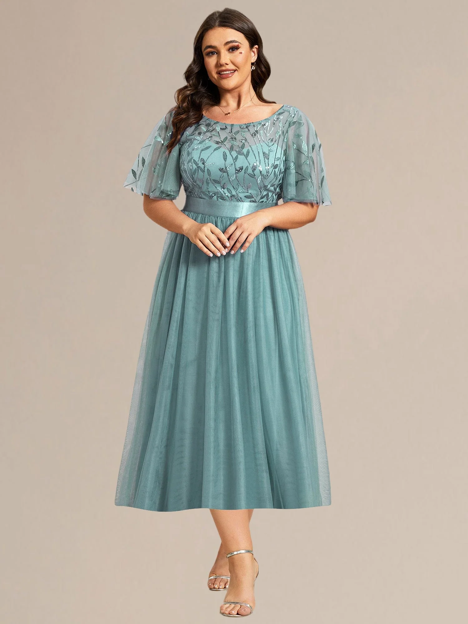 ever TAYLOR|Designer Sequin Leaf Midi Wedding Guest Dress - Image 31