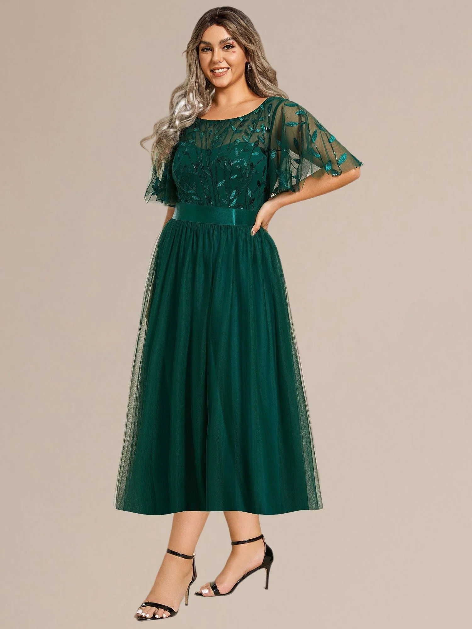 ever TAYLOR|Designer Sequin Leaf Midi Wedding Guest Dress - Image 32