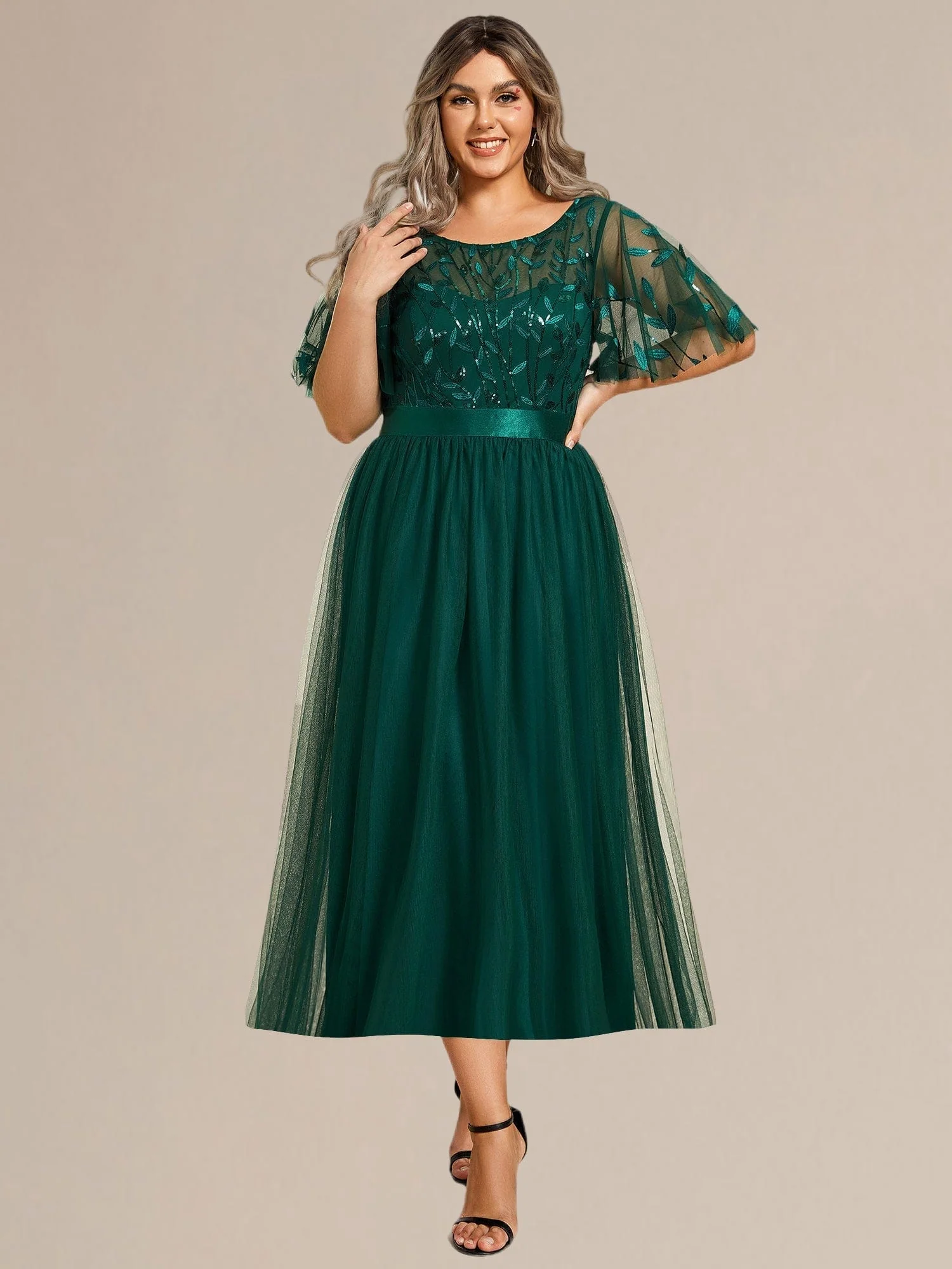 ever TAYLOR|Designer Sequin Leaf Midi Wedding Guest Dress - Image 33
