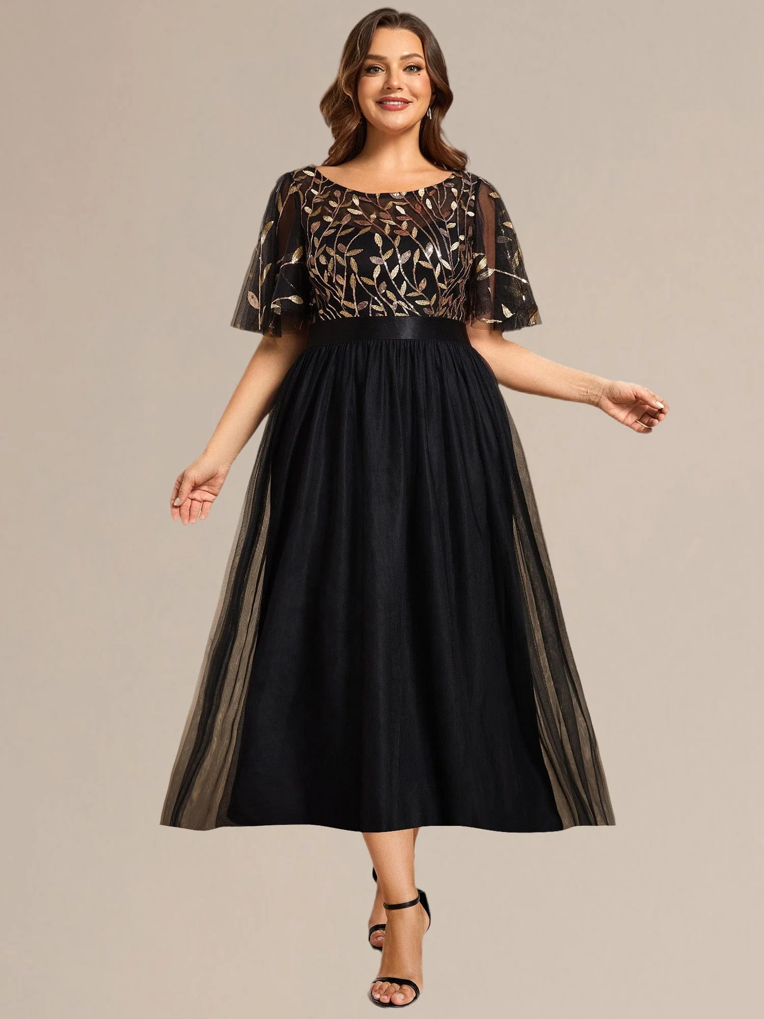 ever TAYLOR|Designer Sequin Leaf Midi Wedding Guest Dress - Image 39
