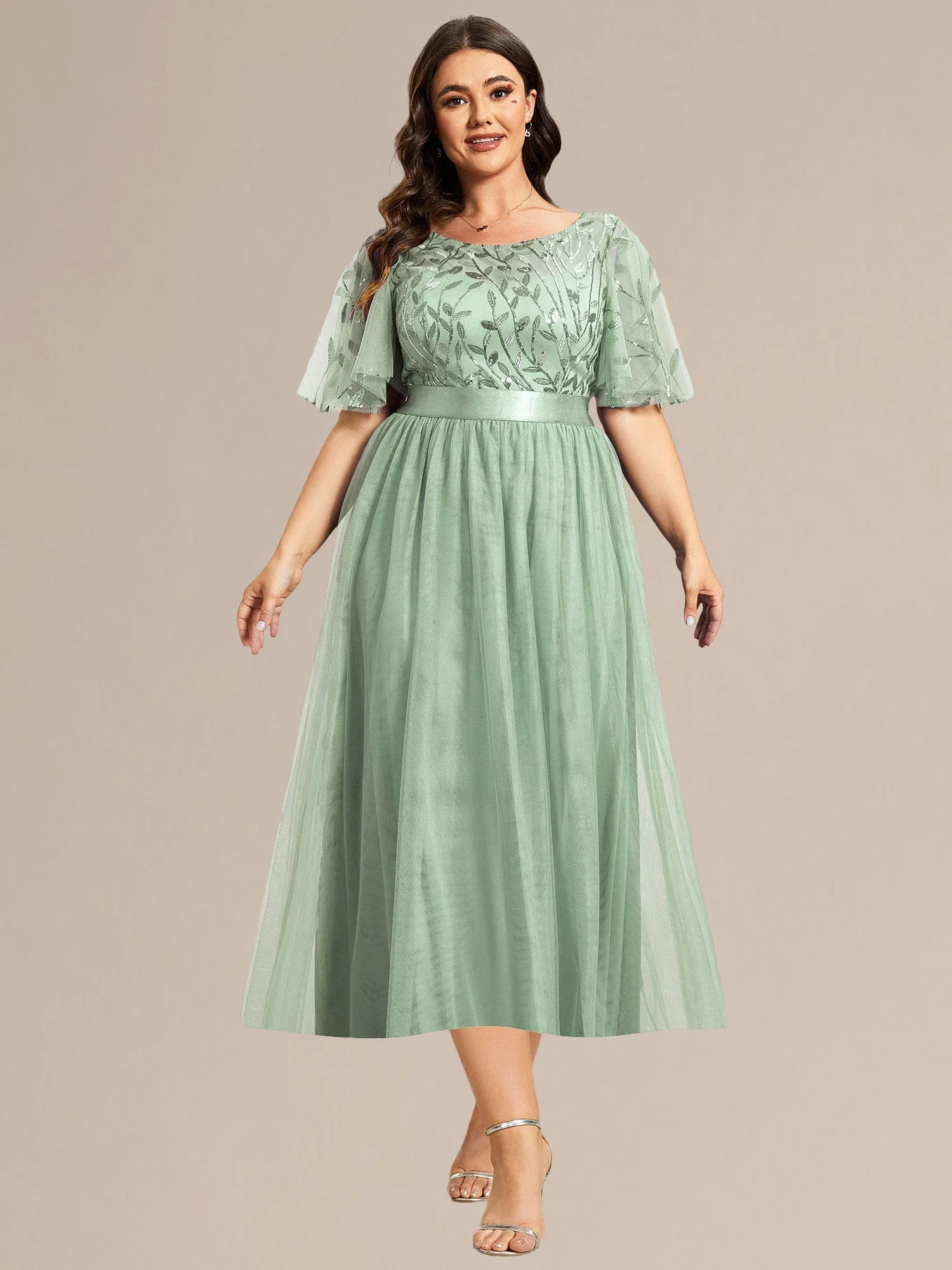 ever TAYLOR|Designer Sequin Leaf Midi Wedding Guest Dress - Image 43