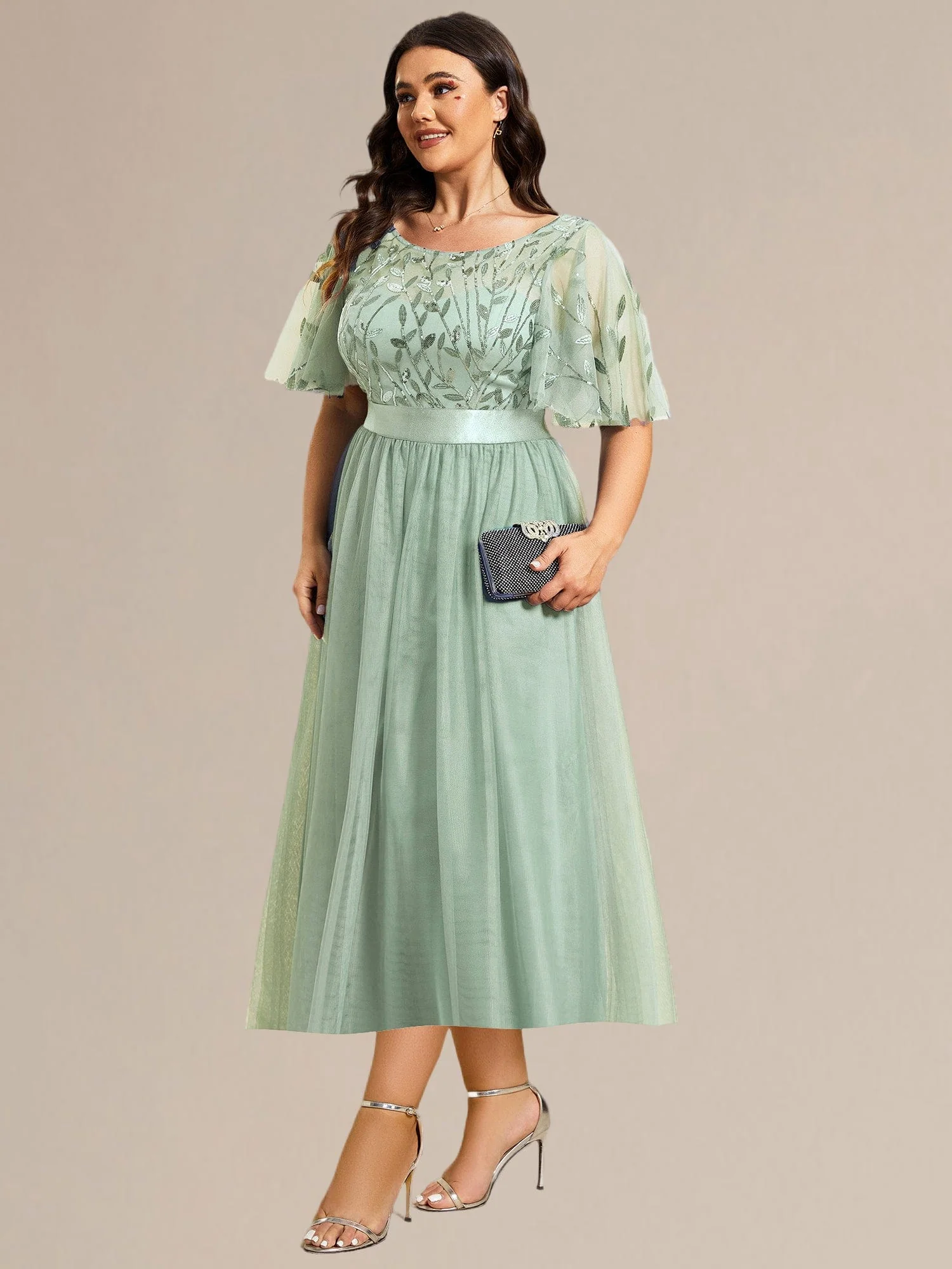 ever TAYLOR|Designer Sequin Leaf Midi Wedding Guest Dress - Image 45