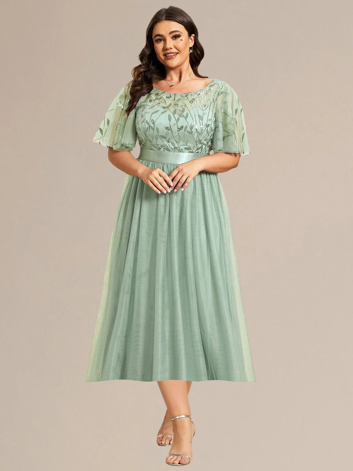 ever TAYLOR|Designer Sequin Leaf Midi Wedding Guest Dress - Image 46