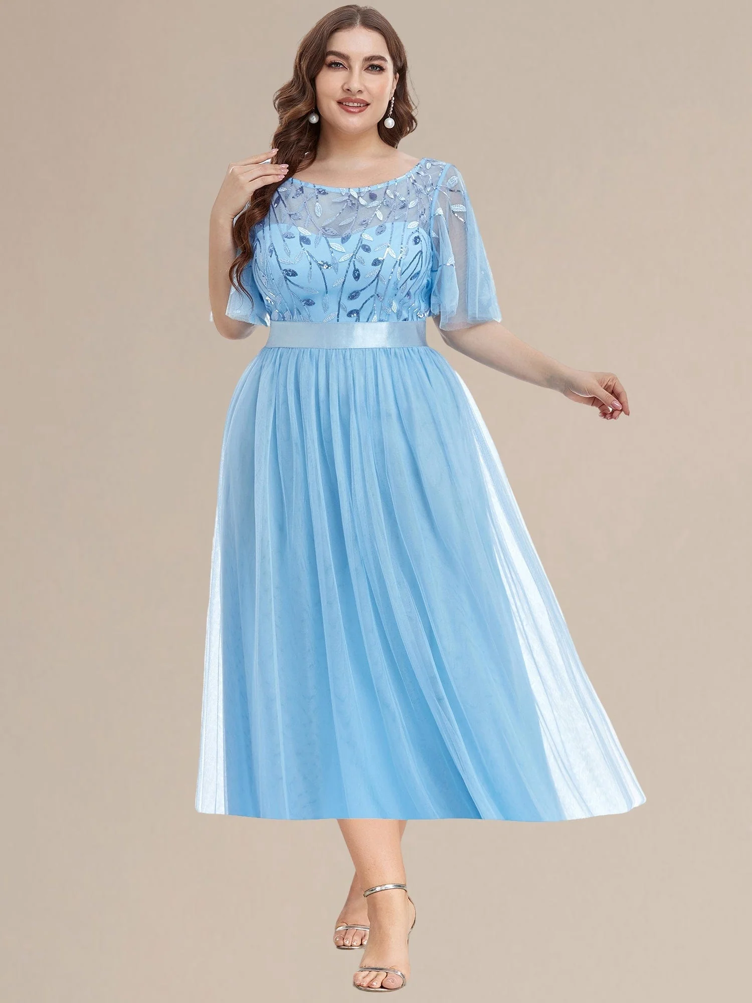 ever TAYLOR|Designer Sequin Leaf Midi Wedding Guest Dress - Image 12