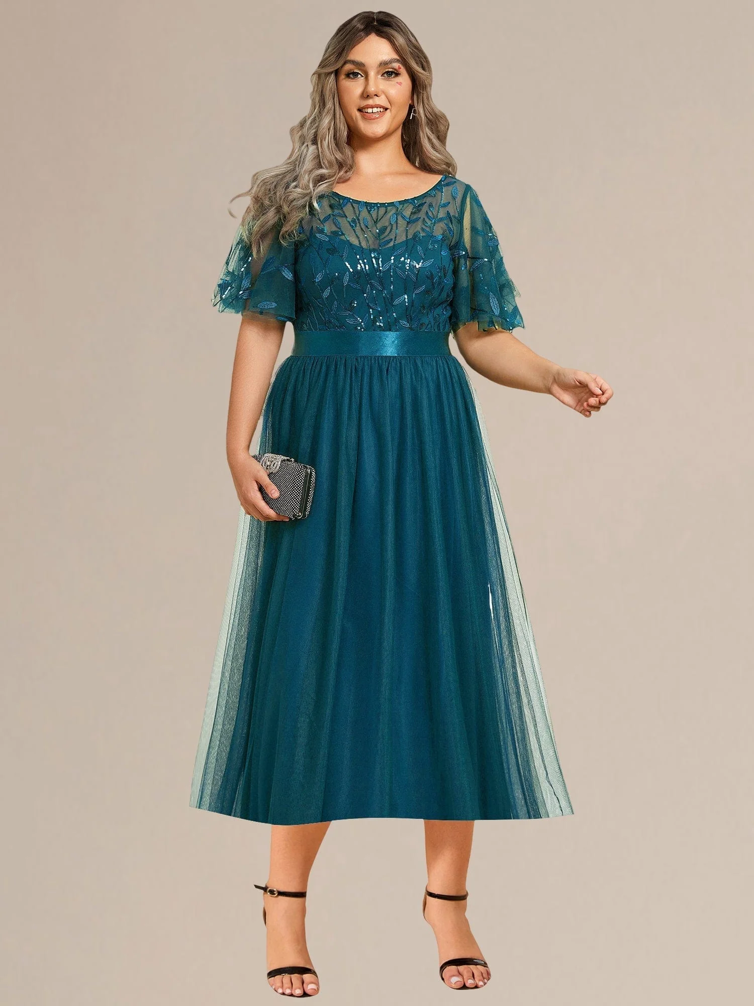 ever TAYLOR|Designer Sequin Leaf Midi Wedding Guest Dress - Image 52