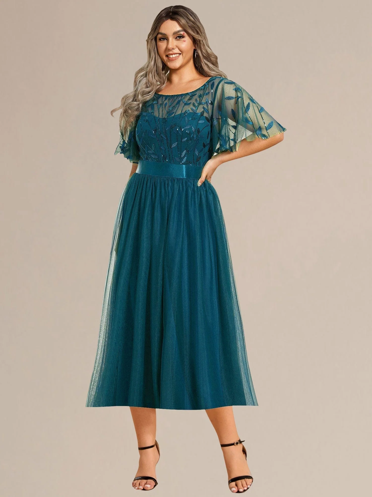 ever TAYLOR|Designer Sequin Leaf Midi Wedding Guest Dress - Image 54