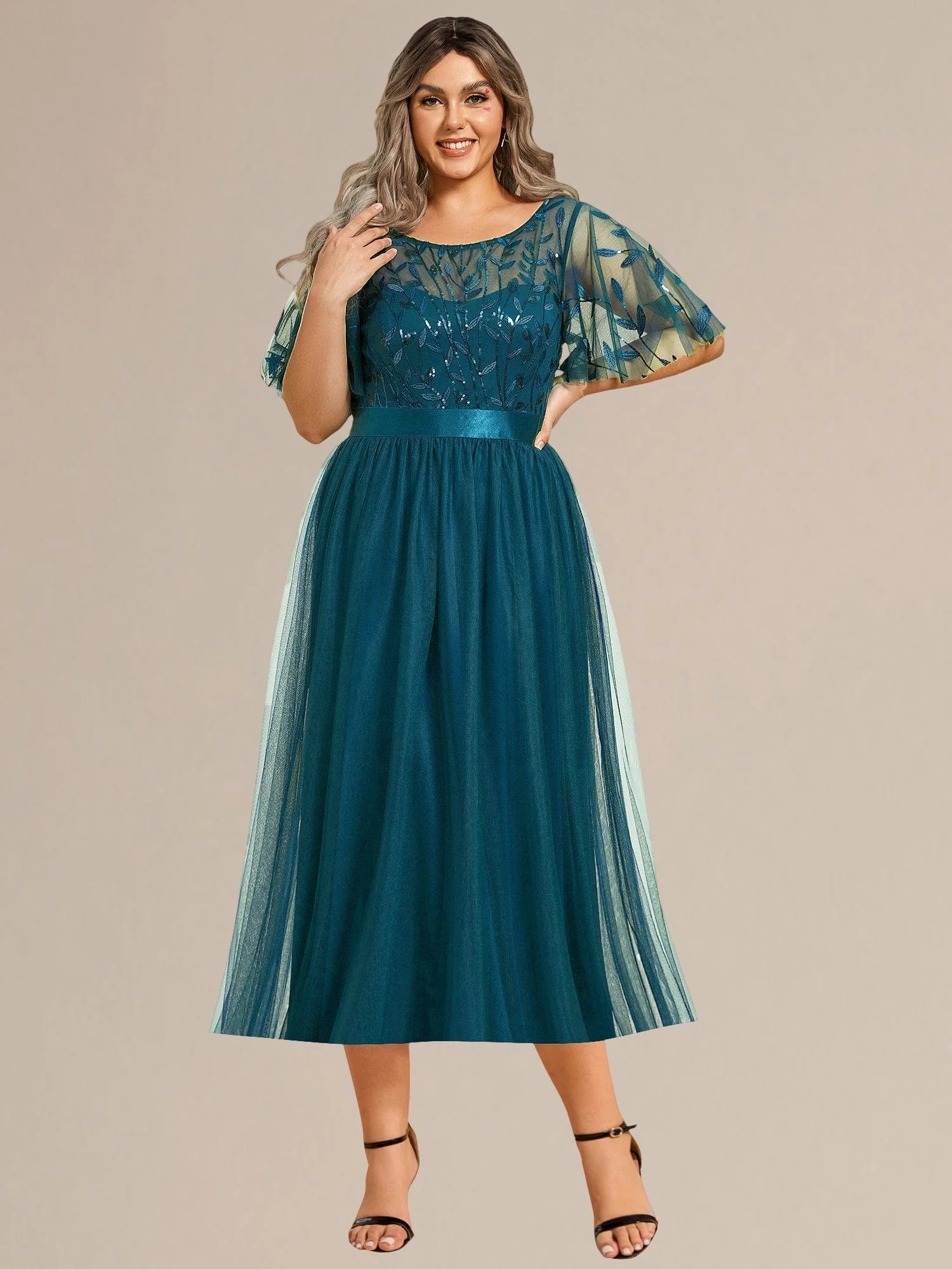 ever TAYLOR|Designer Sequin Leaf Midi Wedding Guest Dress - Image 55