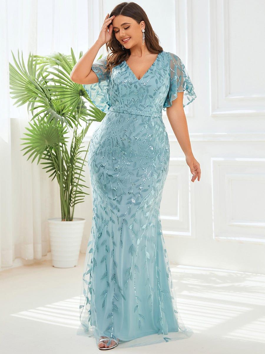 pretty DIONE|Fashion Plus Size V Neck Mermaid Sequin & Tulle Evening Dress(Final Sale) - Image 17