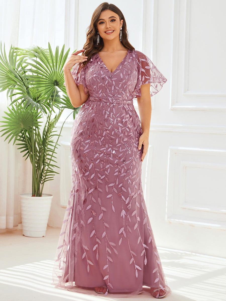 pretty DIONE|Fashion Plus Size V Neck Mermaid Sequin & Tulle Evening Dress(Final Sale) - Image 26