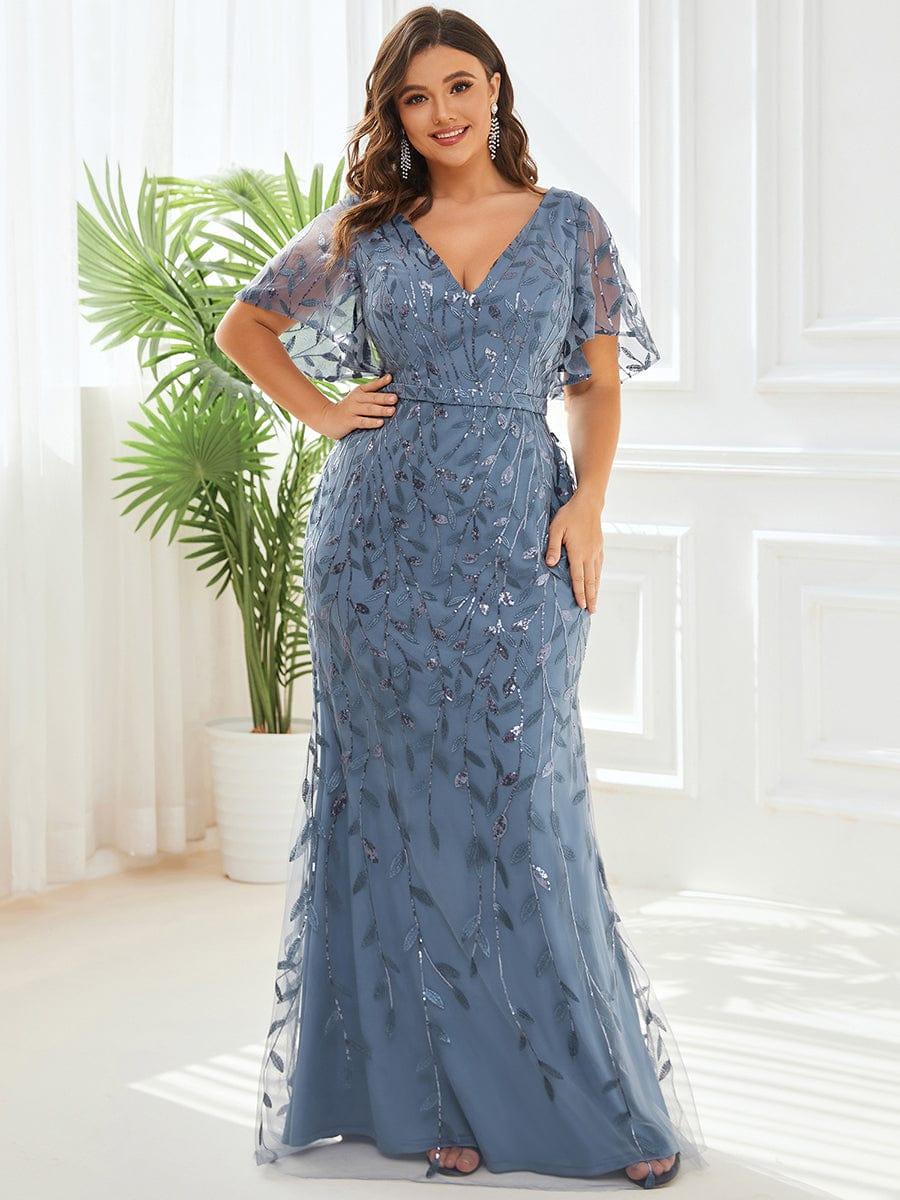 pretty DIONE|Fashion Plus Size V Neck Mermaid Sequin & Tulle Evening Dress(Final Sale) - Image 3