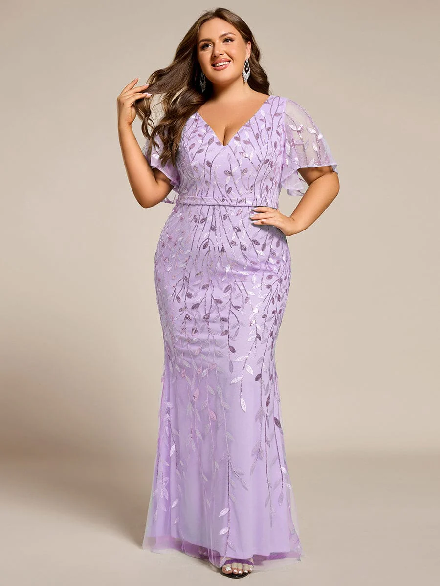 pretty DIONE|Fashion Plus Size V Neck Mermaid Sequin & Tulle Evening Dress(Final Sale) - Image 75