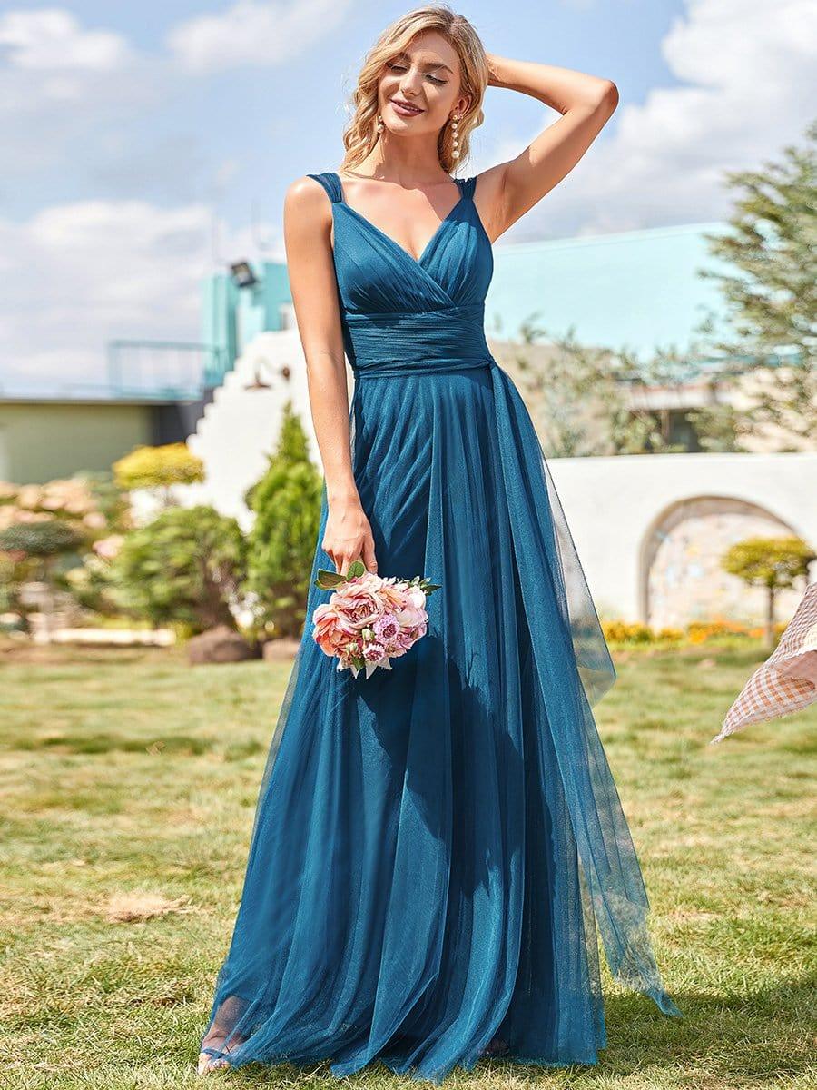 Floor Length Double V Neck Tulle Bridesmaid Dresses - Image 10